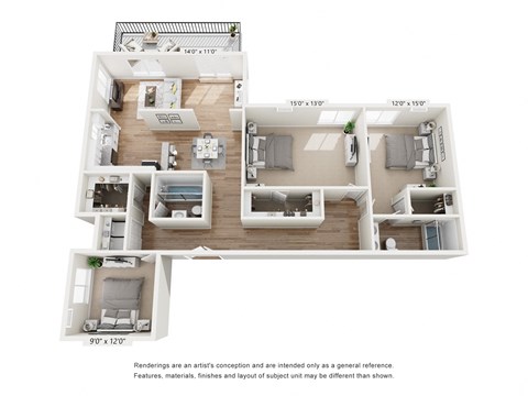Floor plan for 3 beds, 2 baths, 1600 sqft